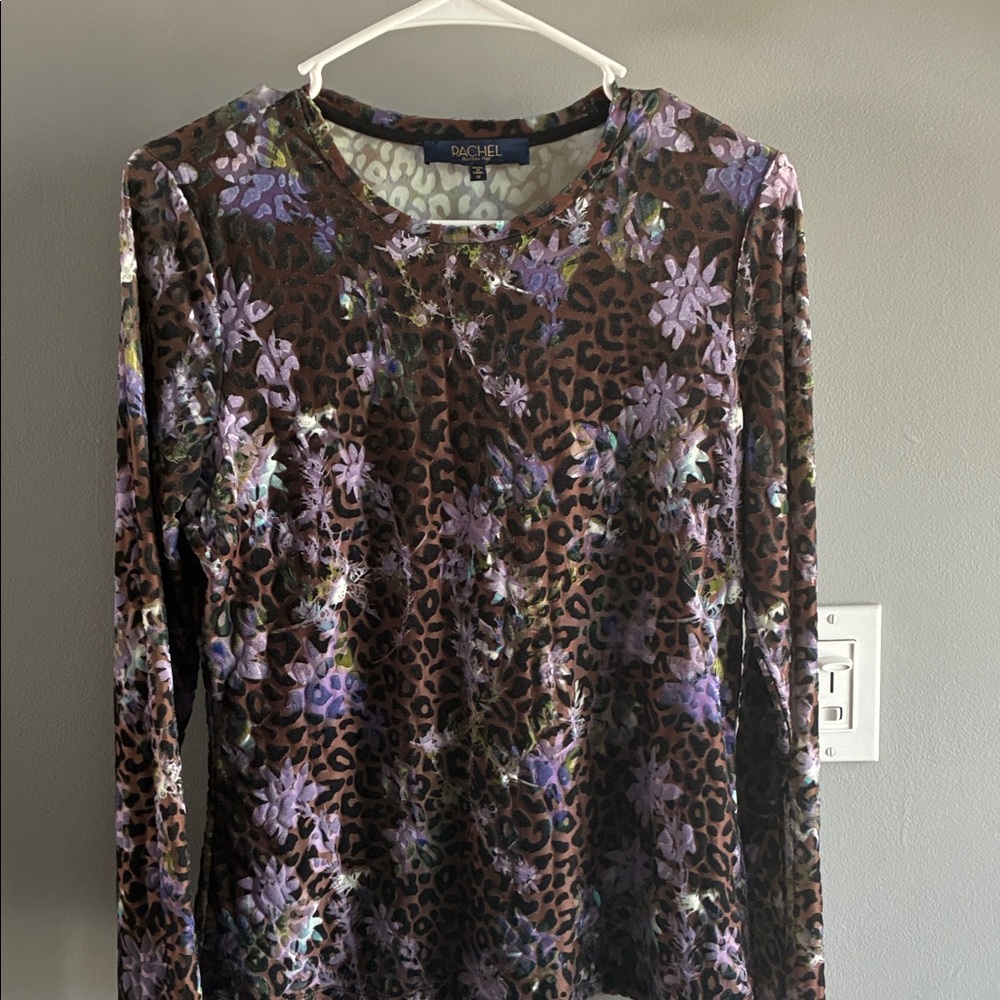 RACHEL Rachel Roy Brown and Purple Floral Leopard Long Sleeve Top